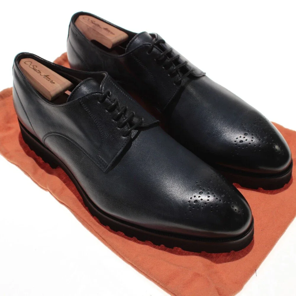 Di Bianco NWD Lace Up Derby Dress Shoes Size 42 (US 9) in Navy Blue Leather